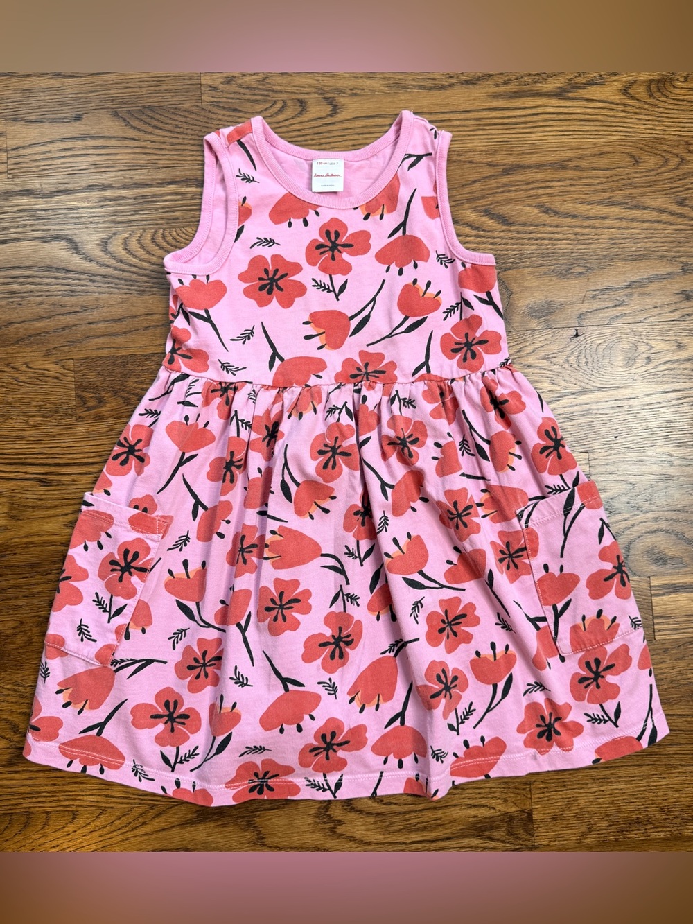 Hanna Andersson Girls Poppy Pink Pocket Dress with Red/ Orange Floral Print 6-7